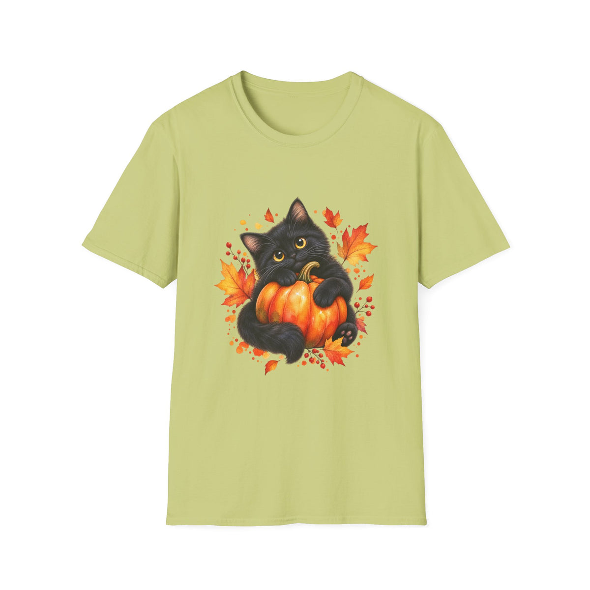 Black Cat Pumpkin T-Shirt — Cute Fall Halloween Tee with Autumn Leaves