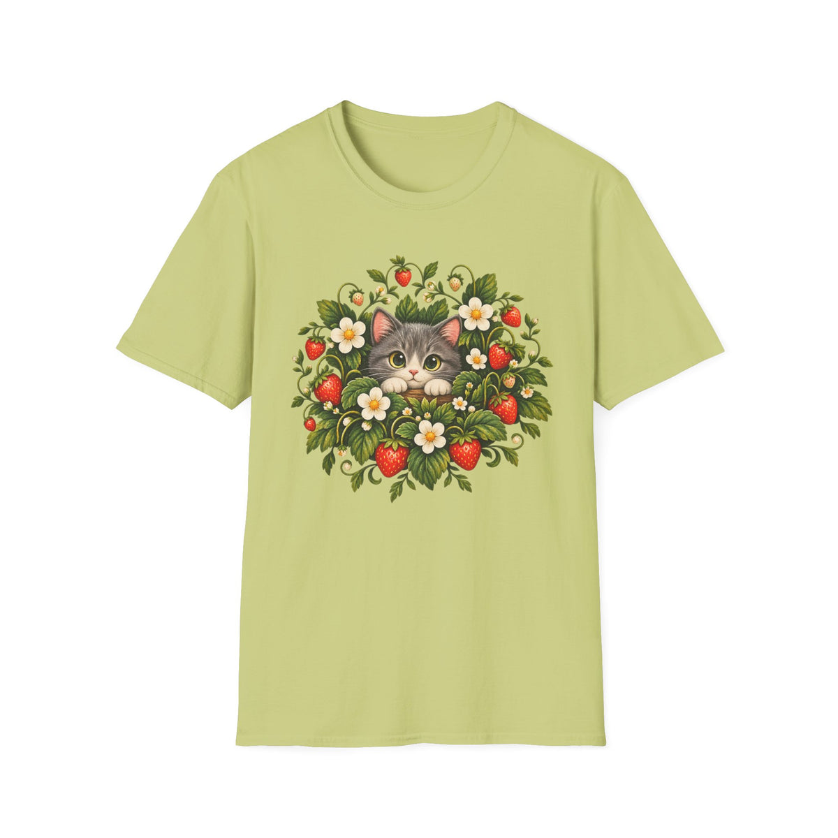 Cat in Strawberry Patch T-Shirt — Cute Floral Kitten Graphic Tee