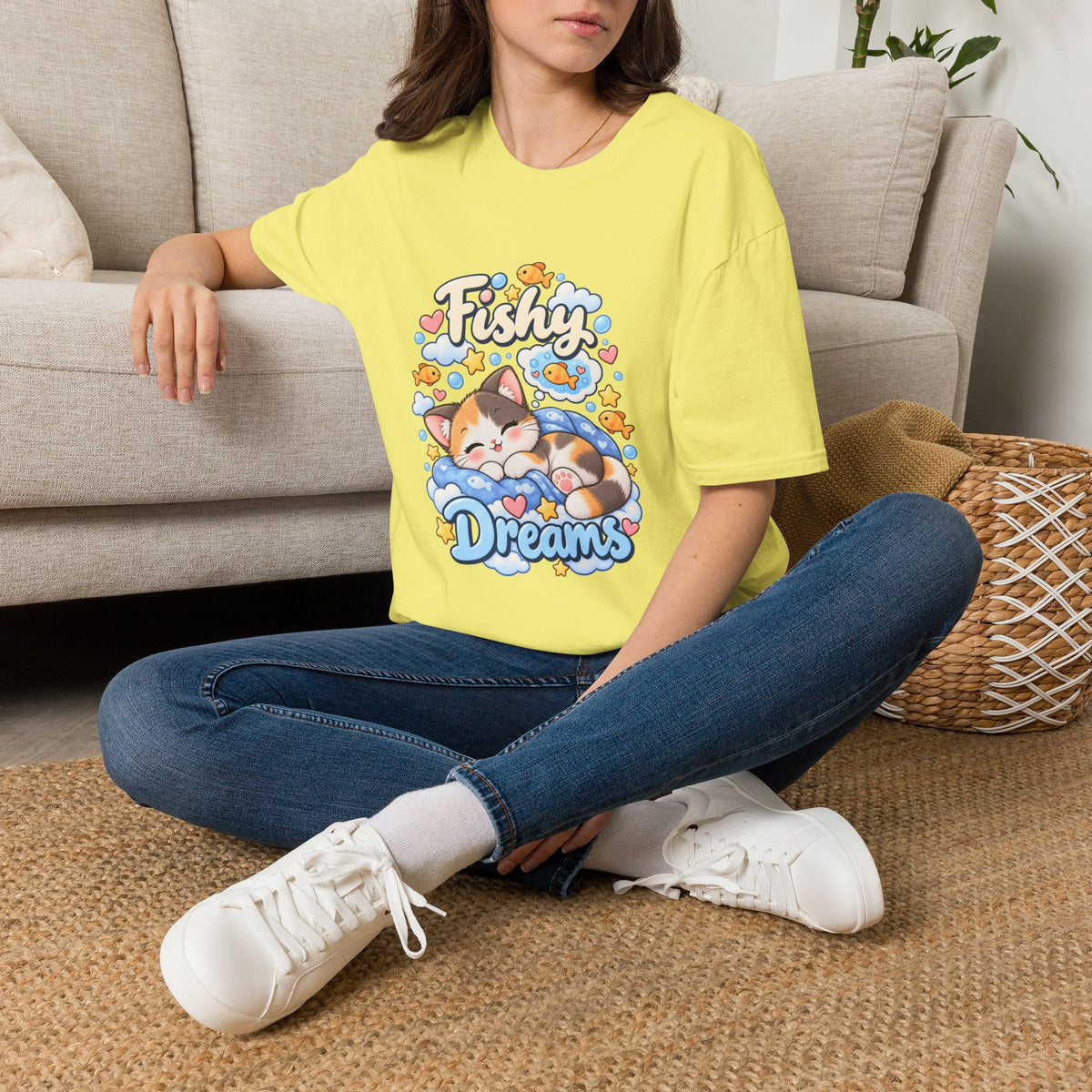 Fishy Dreams T-Shirt — Cute Cat & Goldfish Graphic Tee