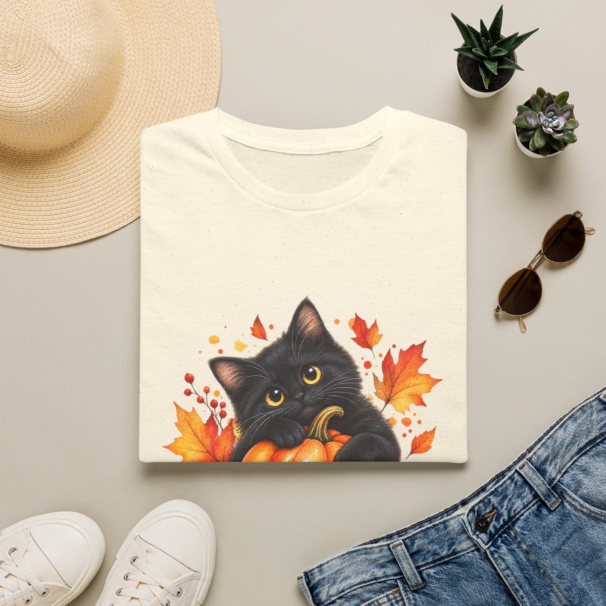Black Cat Pumpkin T-Shirt — Cute Fall Halloween Tee with Autumn Leaves