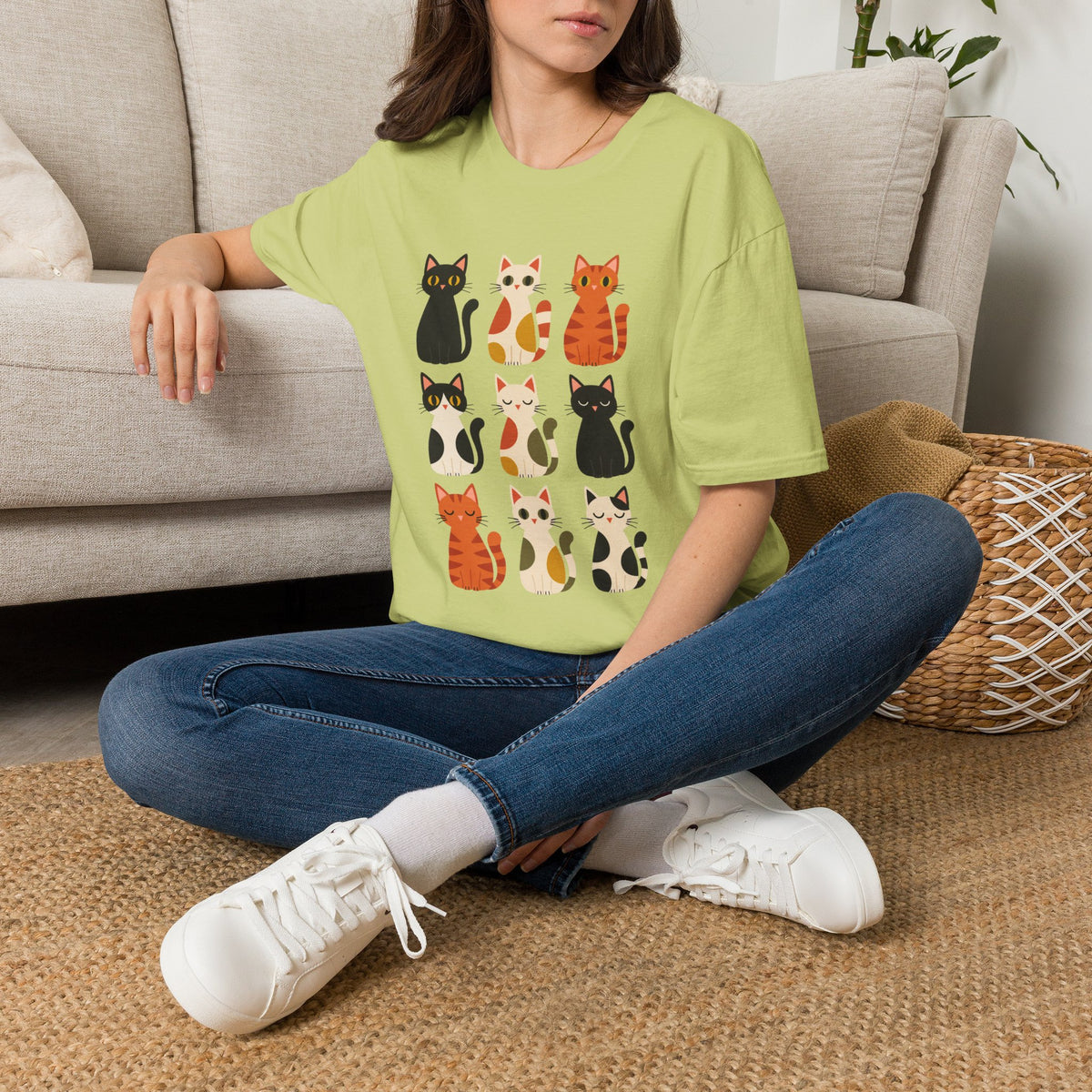 Cat Pattern T‑Shirt — Cute Row of Cartoon Cats Graphic Tee