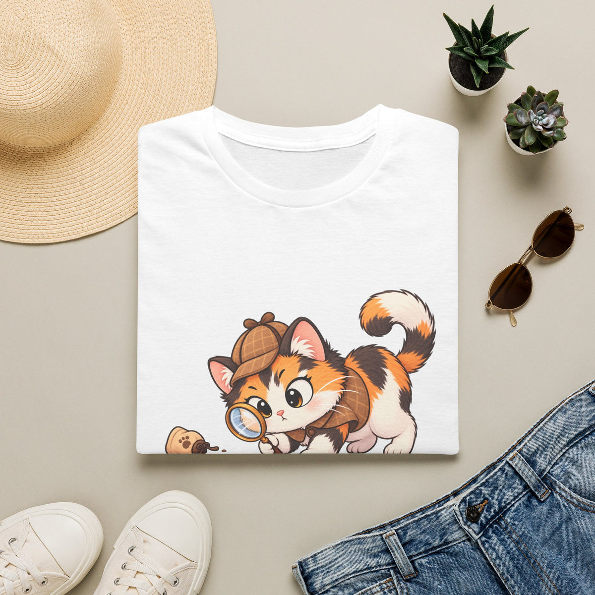 Detective Kitten T‑Shirt — Cute Calico Cat in Sherlock Hat Tee