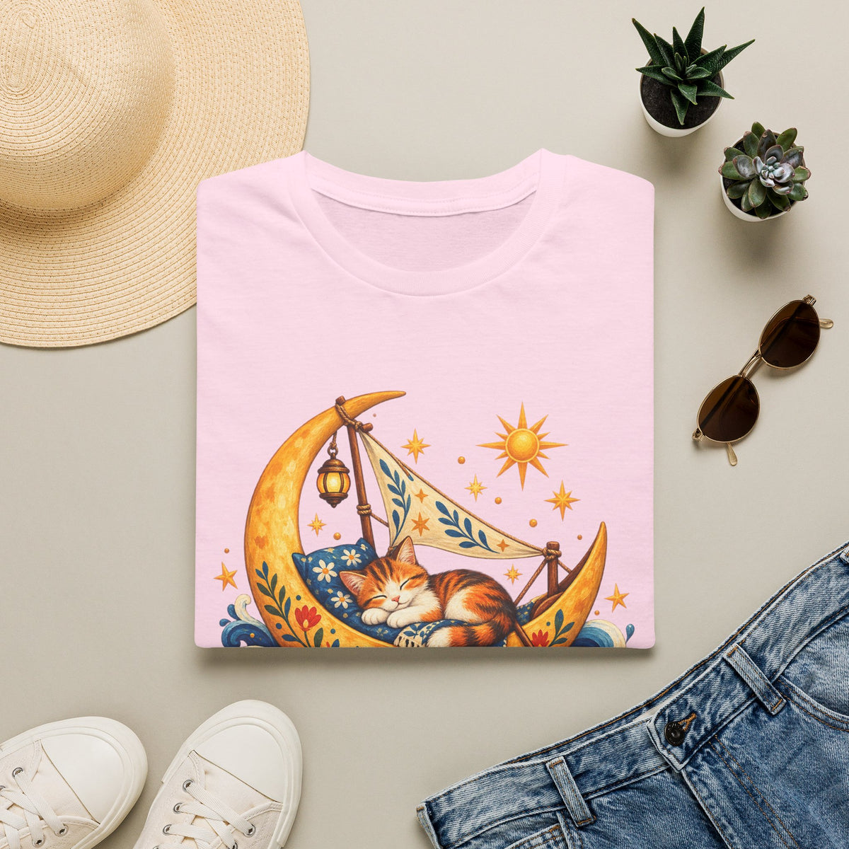Cat on Crescent Moon T-Shirt — Whimsical Sleepy Cat Boho Tee