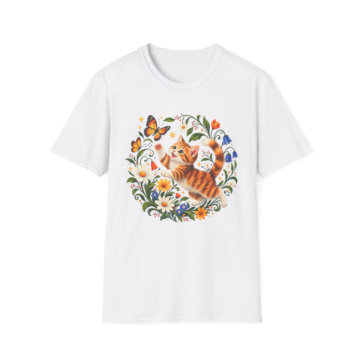 Cat and Butterflies T-Shirt — Whimsical Floral Kitten Tee