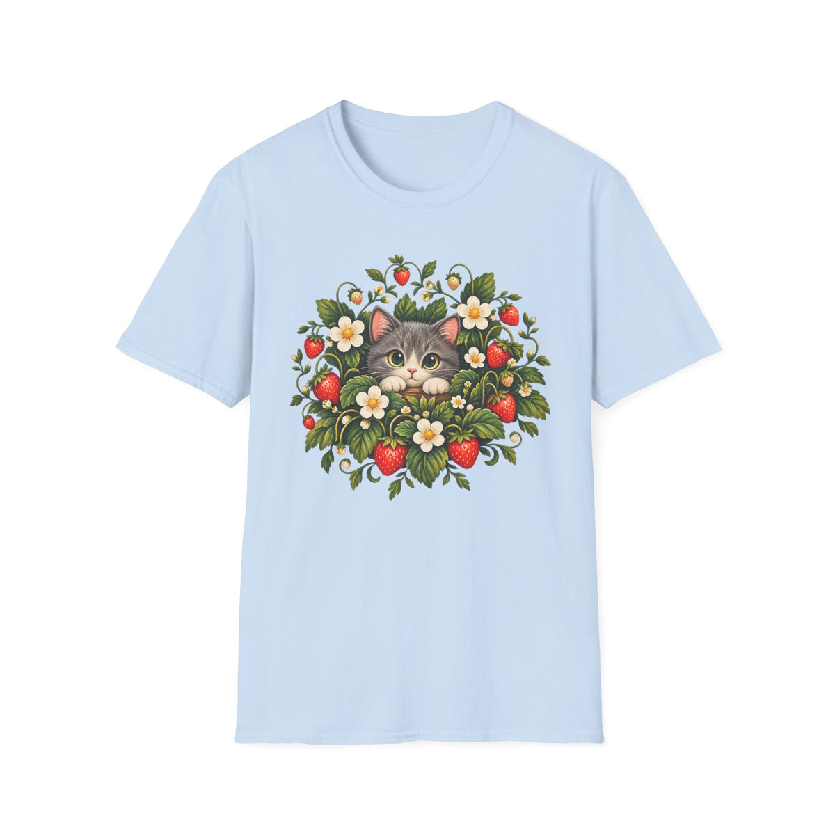 Cat in Strawberry Patch T-Shirt — Cute Floral Kitten Graphic Tee