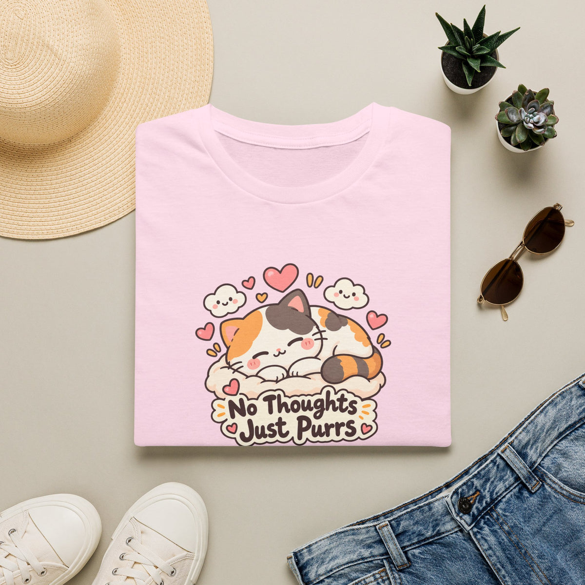 Cat T-Shirt — "No Thoughts Just Purrs" Cute Calico Sleeping Kitty Tee