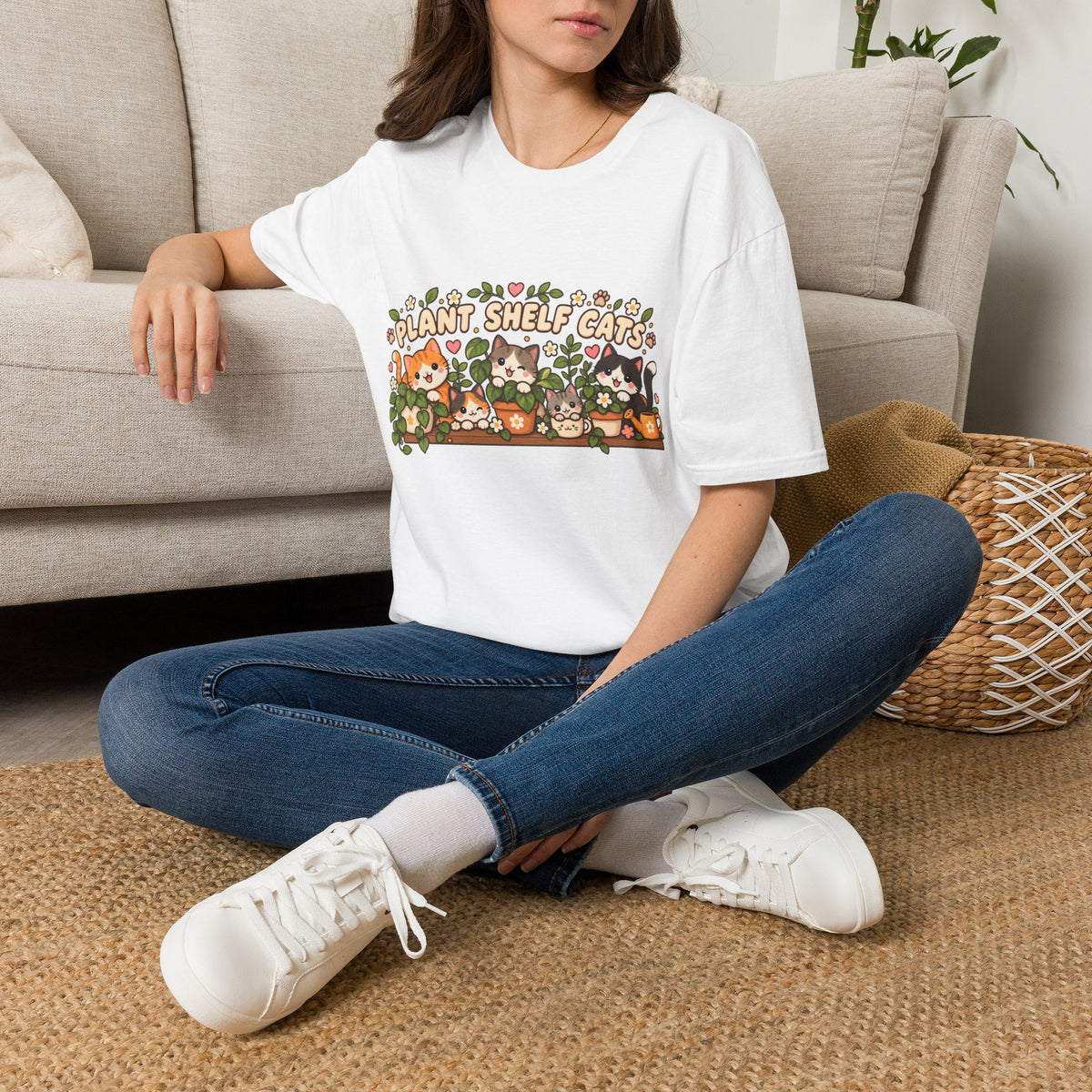 Plant Shelf Cats T-Shirt — Cute Houseplant & Cat Graphic Tee