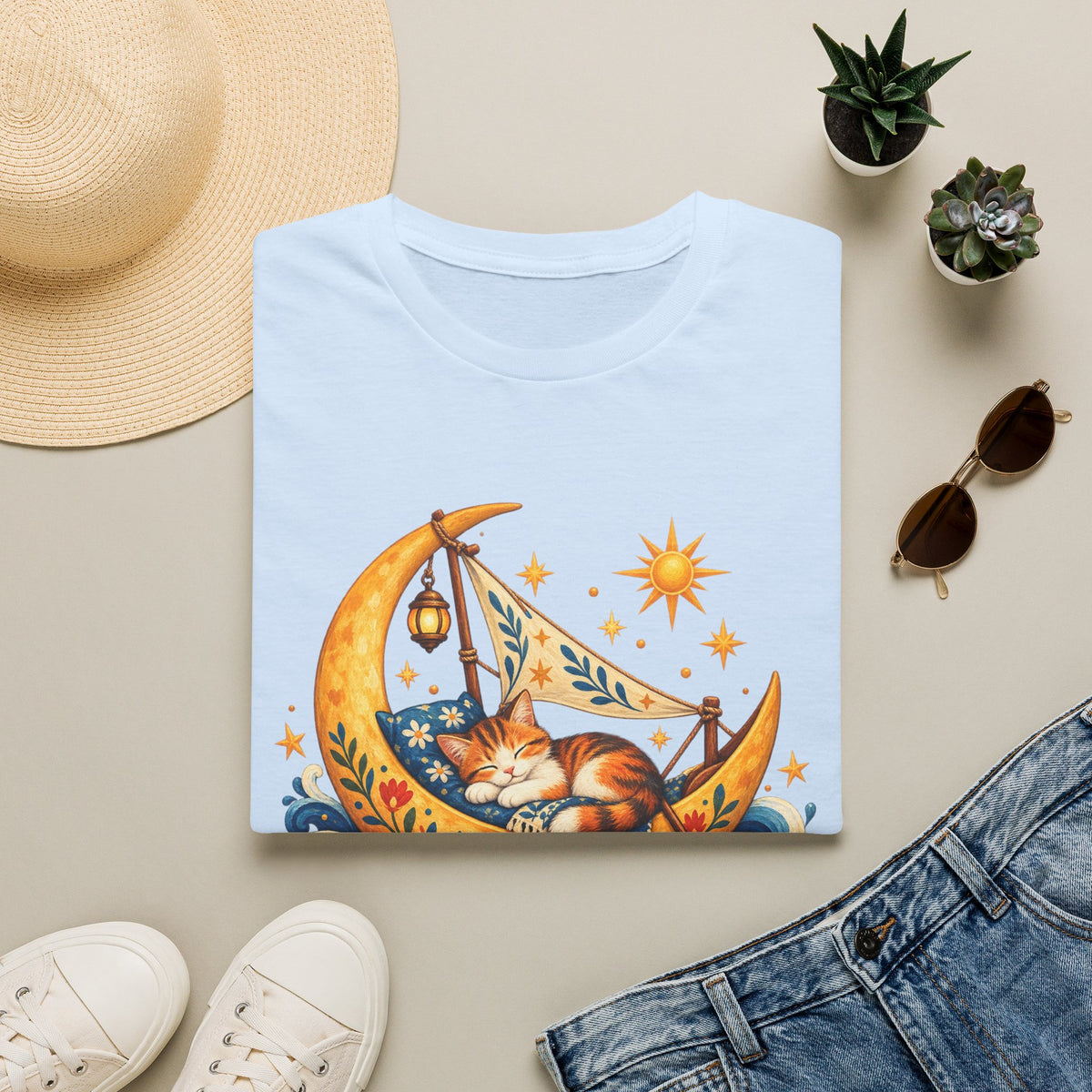 Cat on Crescent Moon T-Shirt — Whimsical Sleepy Cat Boho Tee