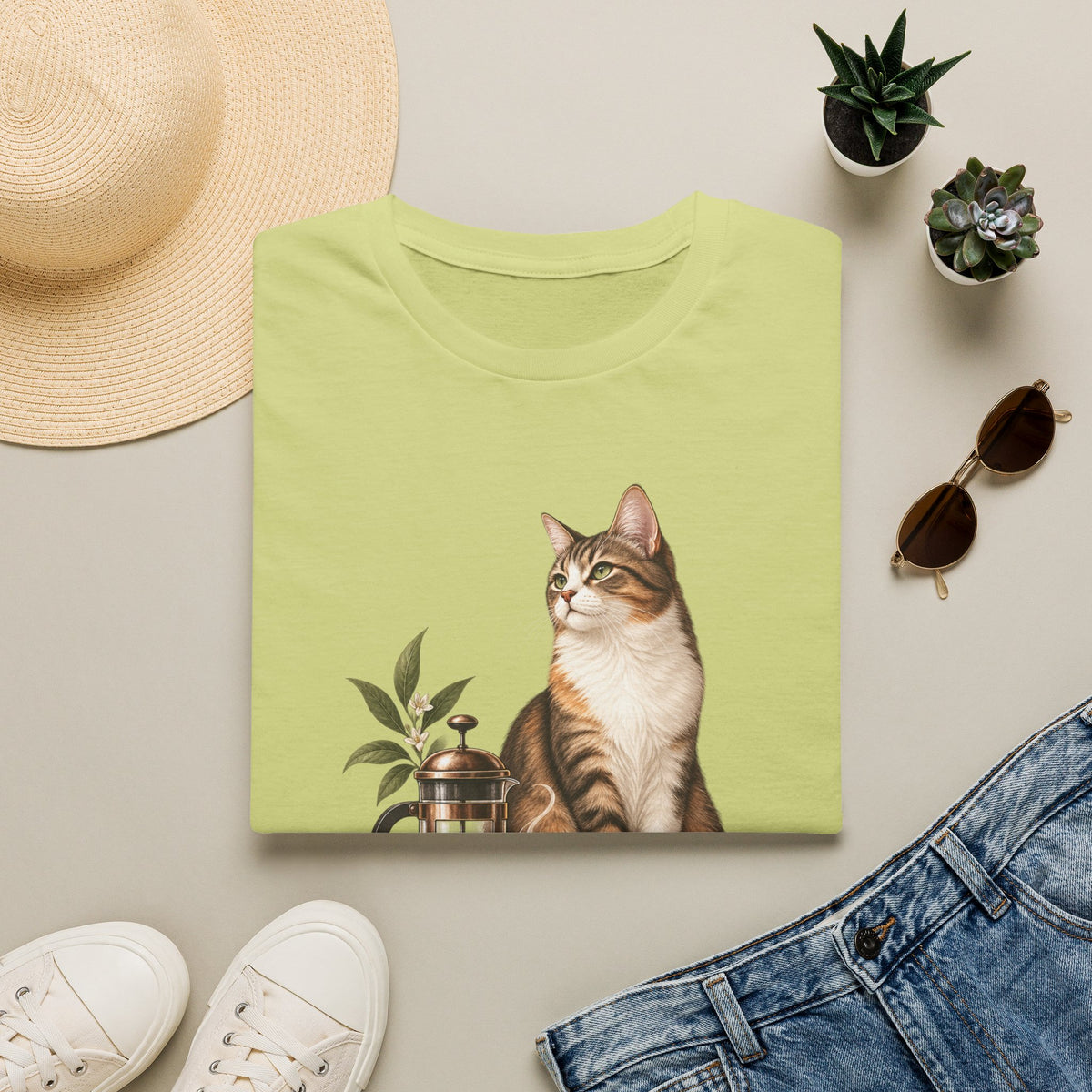 Cat & French Press T-Shirt — Cozy Coffee Lover Cat Tee