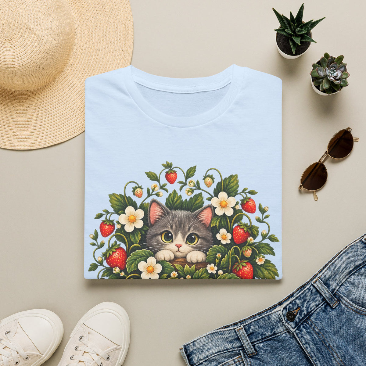 Cat in Strawberry Patch T-Shirt — Cute Floral Kitten Graphic Tee