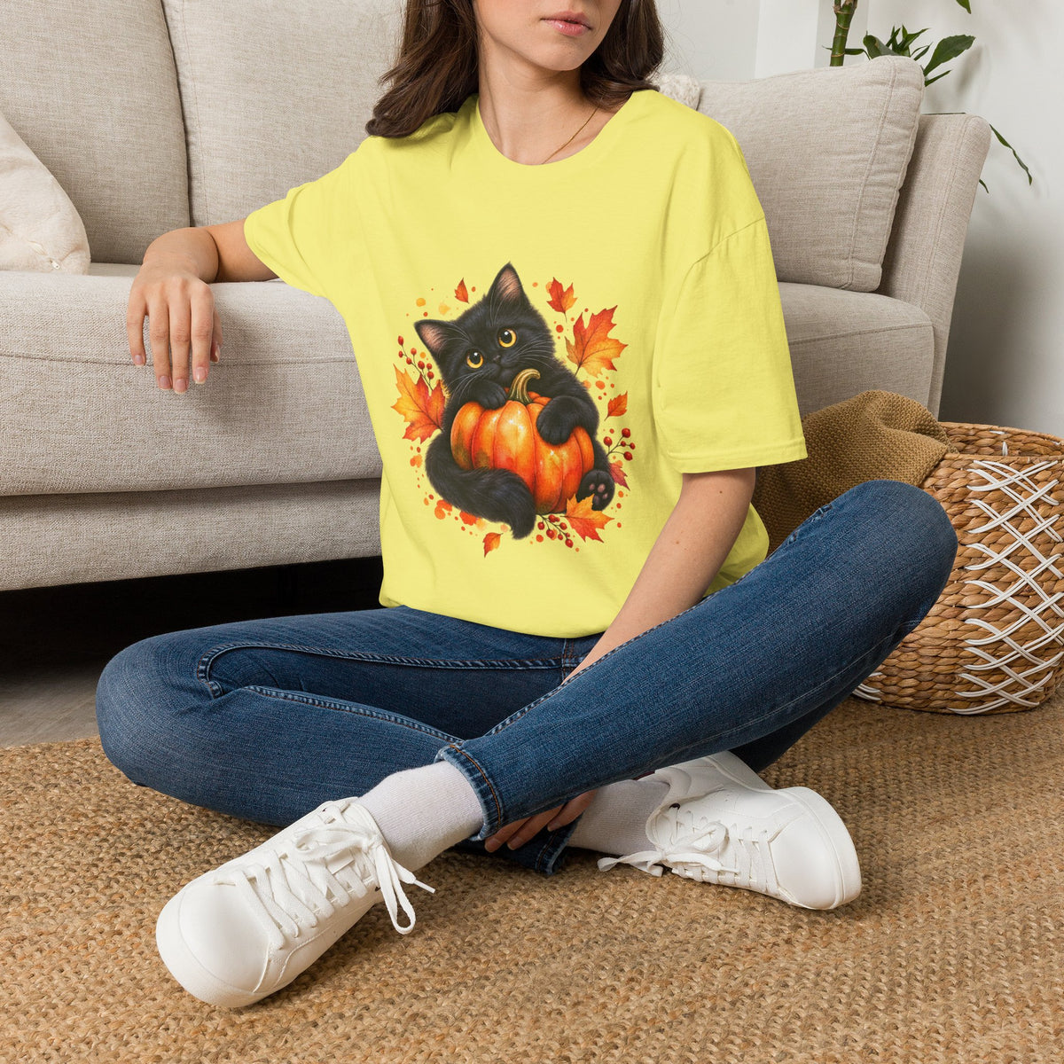 Black Cat Pumpkin T-Shirt — Cute Fall Halloween Tee with Autumn Leaves