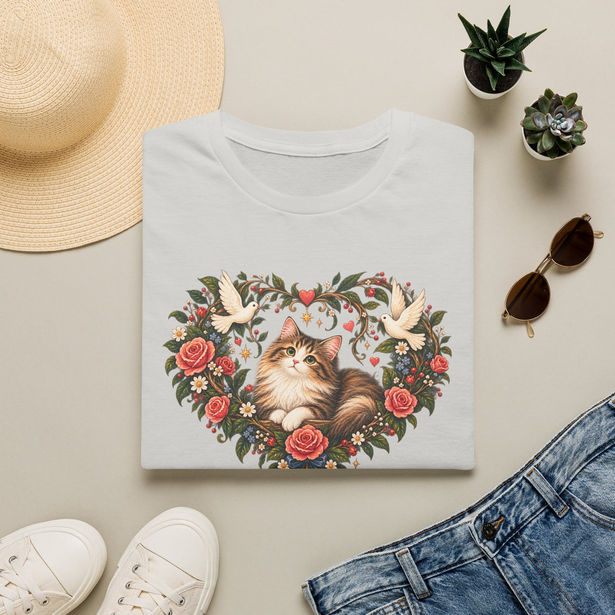 Cat Heart Floral T-Shirt — Vintage Rose & Dove Kitty Tee