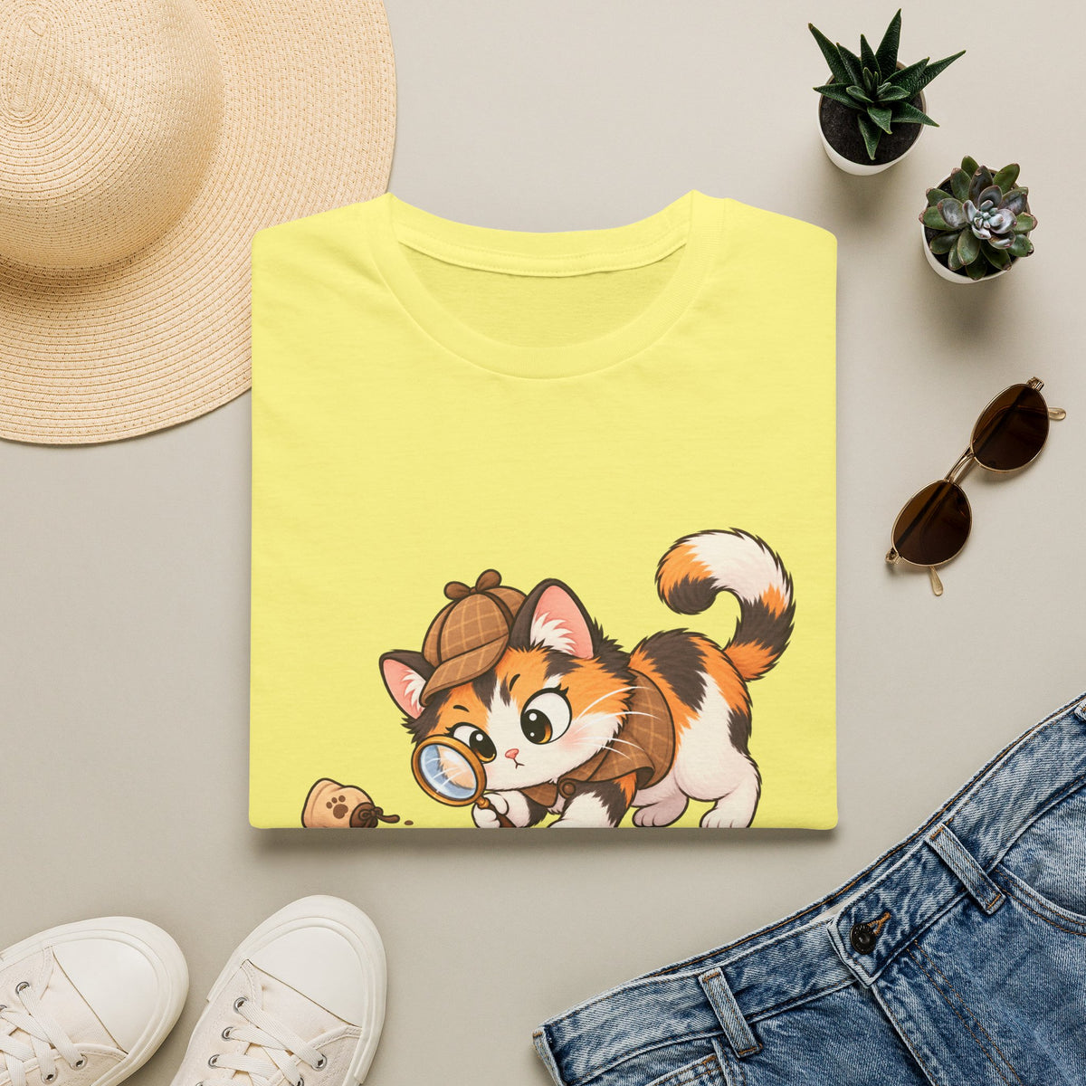 Detective Kitten T‑Shirt — Cute Calico Cat in Sherlock Hat Tee