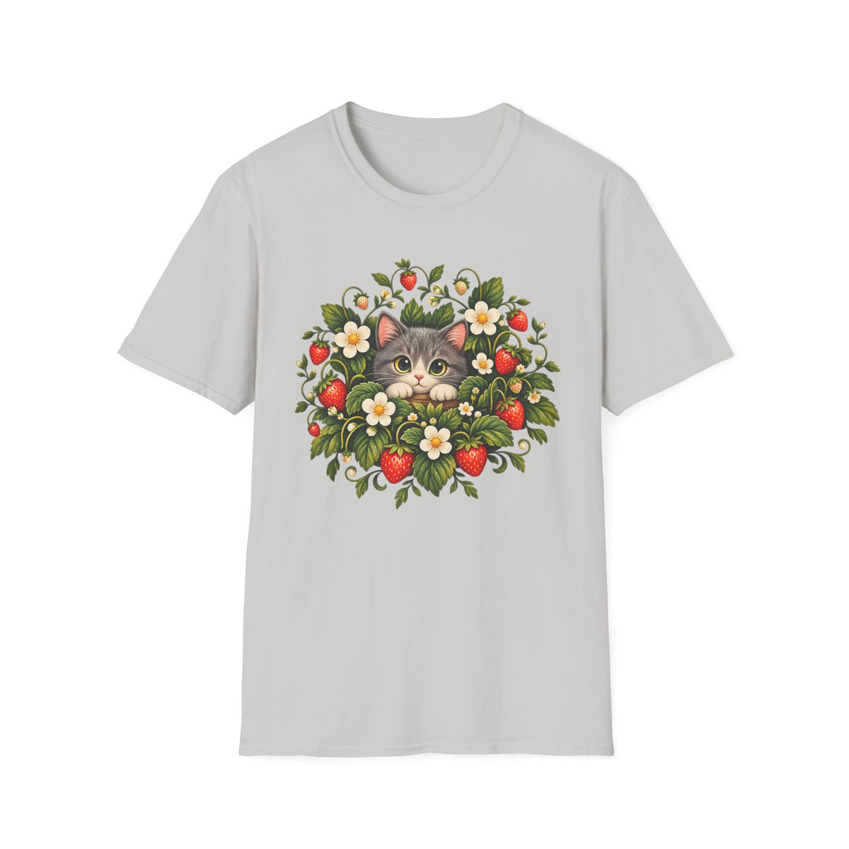 Cat in Strawberry Patch T-Shirt — Cute Floral Kitten Graphic Tee