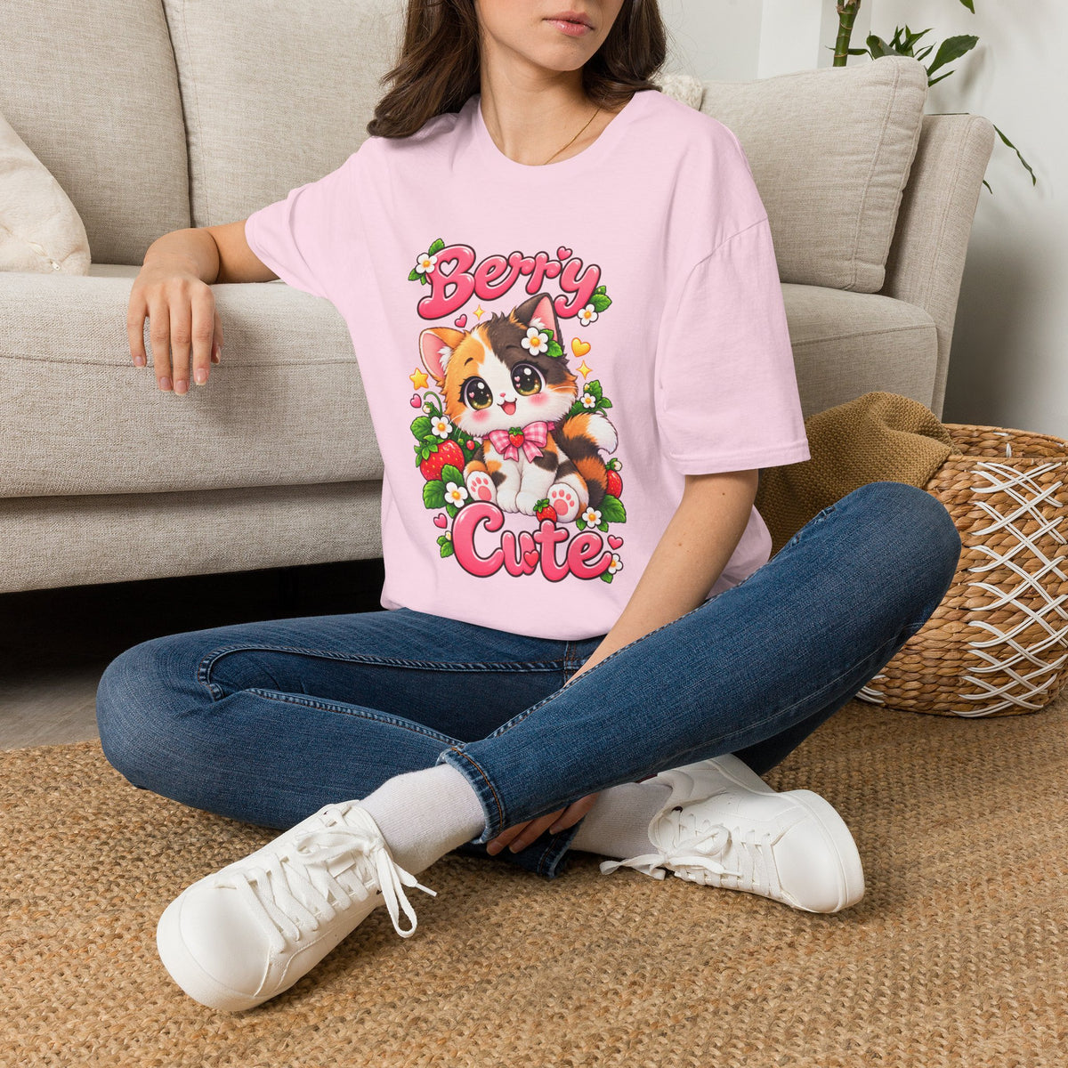 Cute Calico Cat 'Berry Cute' T-Shirt — Kawaii Fruit & Floral Graphic Tee