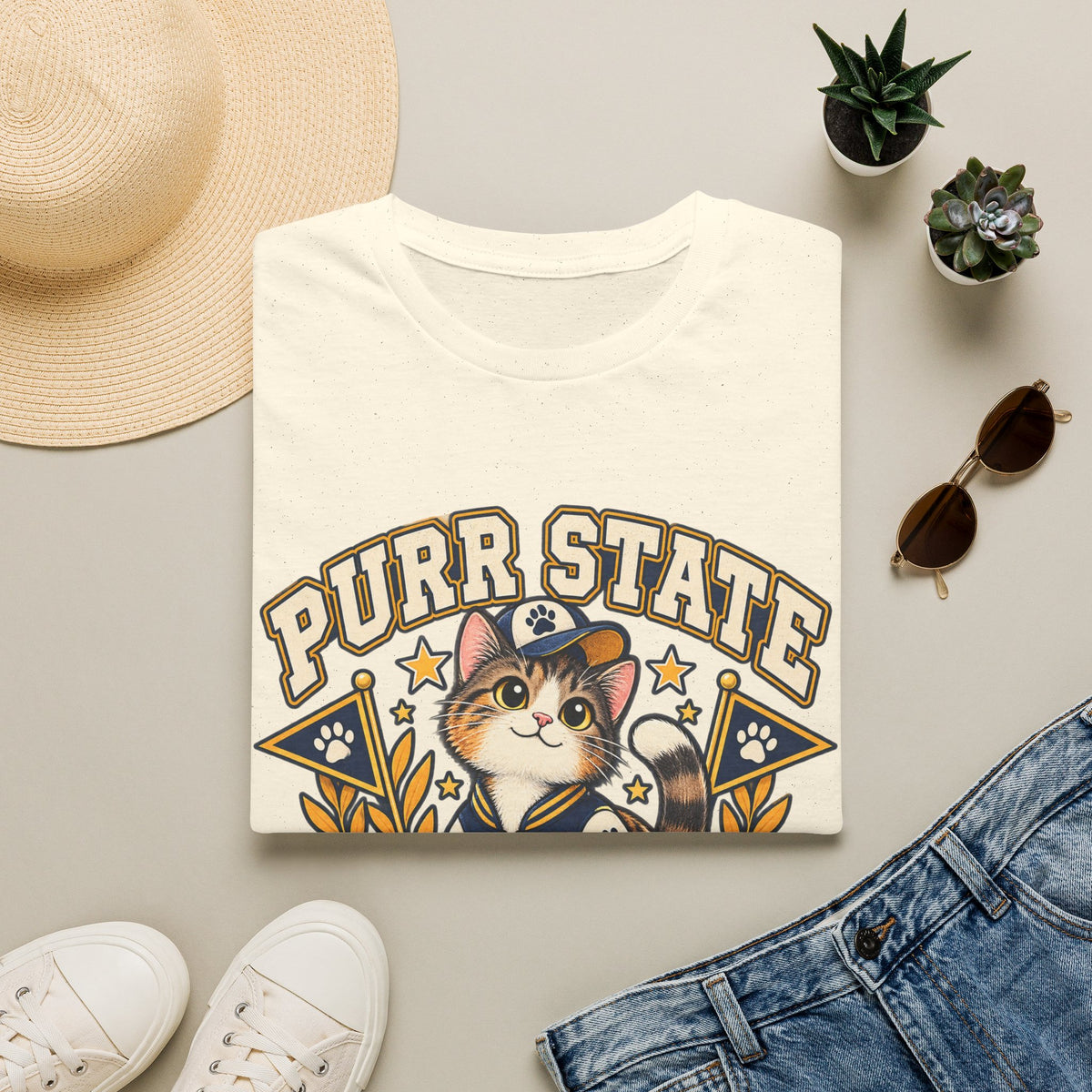 Purr State College T-Shirt — Cute Cat Mascot Graphic Tee