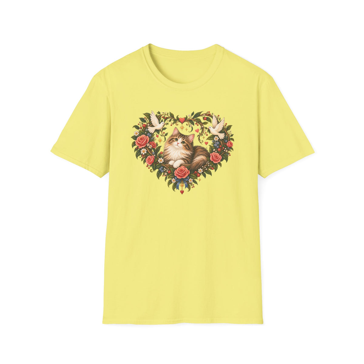Cat Heart Floral T-Shirt — Vintage Rose & Dove Kitty Tee