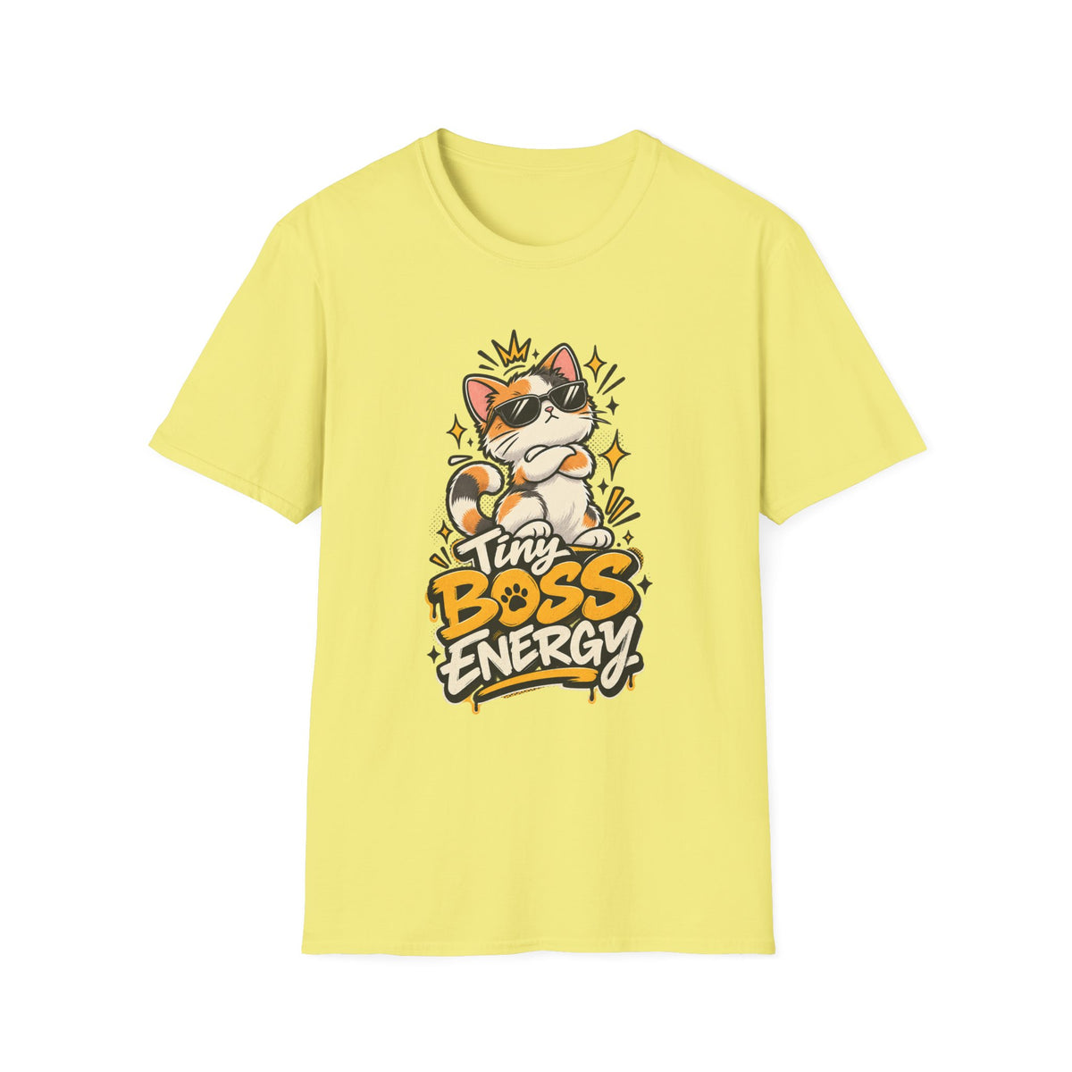 Tiny Boss Energy Cat T-Shirt — Cute Cat with Sunglasses Graphic