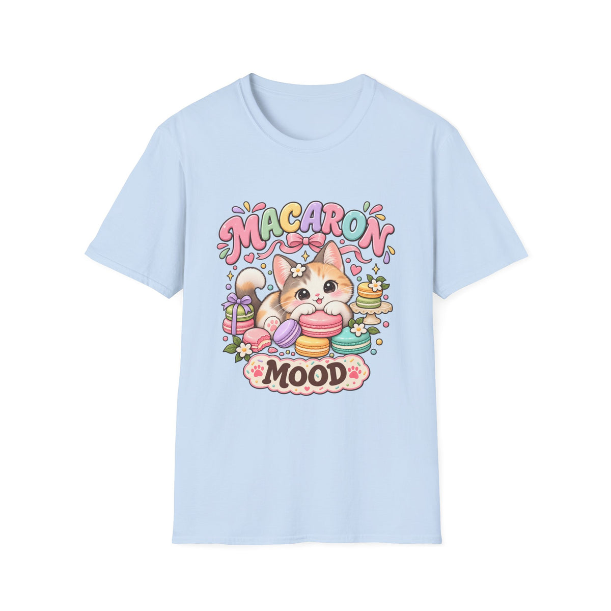 Macaron Mood T‑Shirt — Cute Kawaii Cat with Macarons Graphic