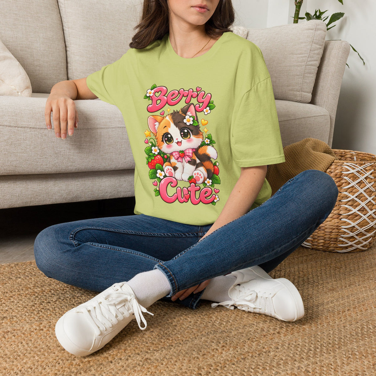 Cute Calico Cat 'Berry Cute' T-Shirt — Kawaii Fruit & Floral Graphic Tee
