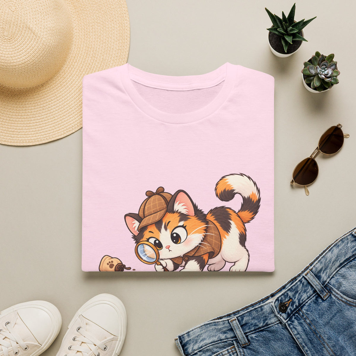 Detective Kitten T‑Shirt — Cute Calico Cat in Sherlock Hat Tee