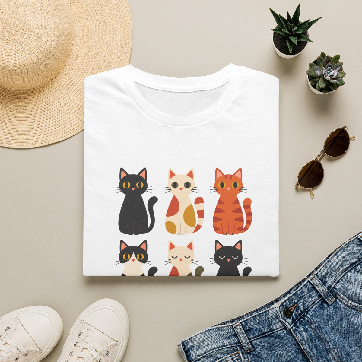 Cat Pattern T‑Shirt — Cute Row of Cartoon Cats Graphic Tee