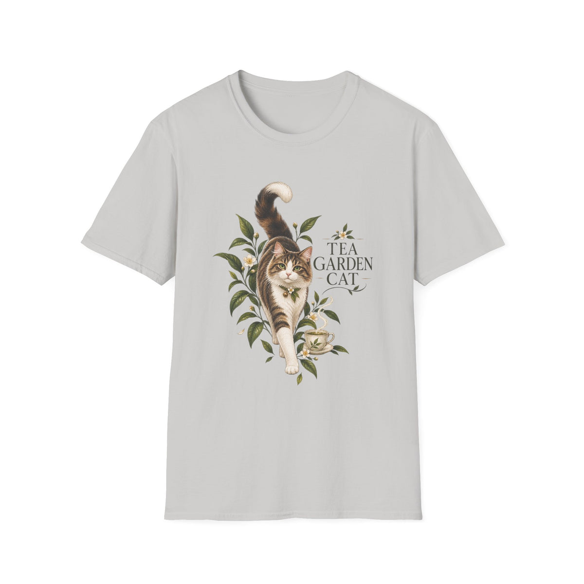 Tea Garden Cat T-Shirt — Cute Floral Cat Illustration Tee