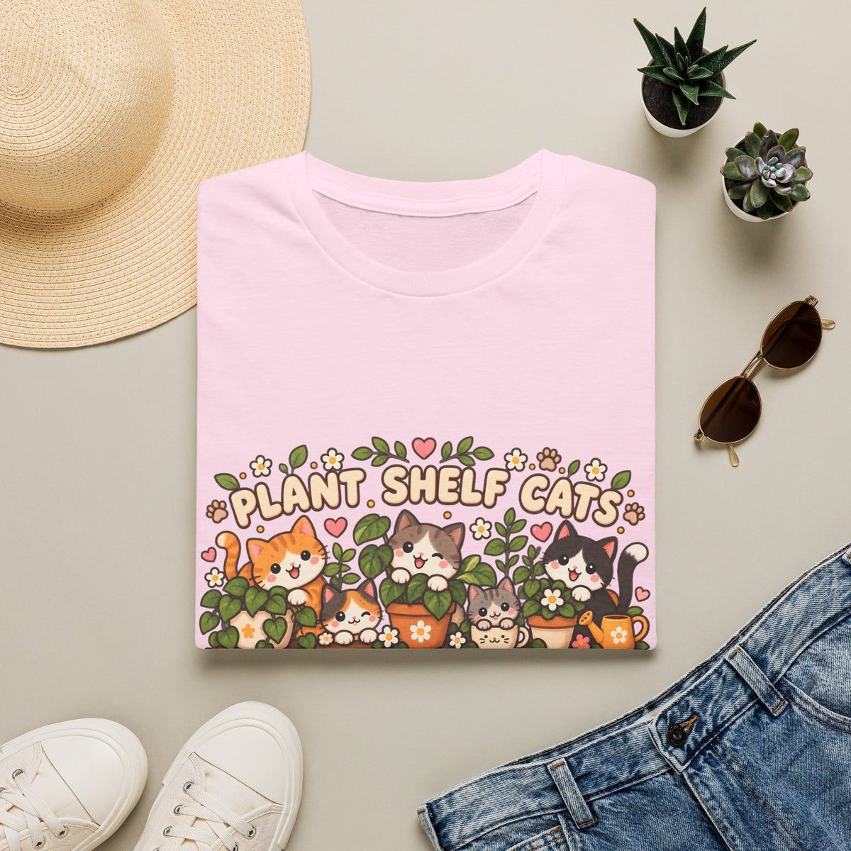 Plant Shelf Cats T-Shirt — Cute Houseplant & Cat Graphic Tee