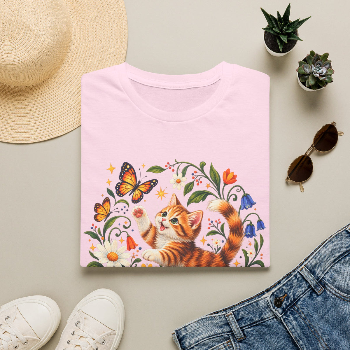 Cat and Butterflies T-Shirt — Whimsical Floral Kitten Tee