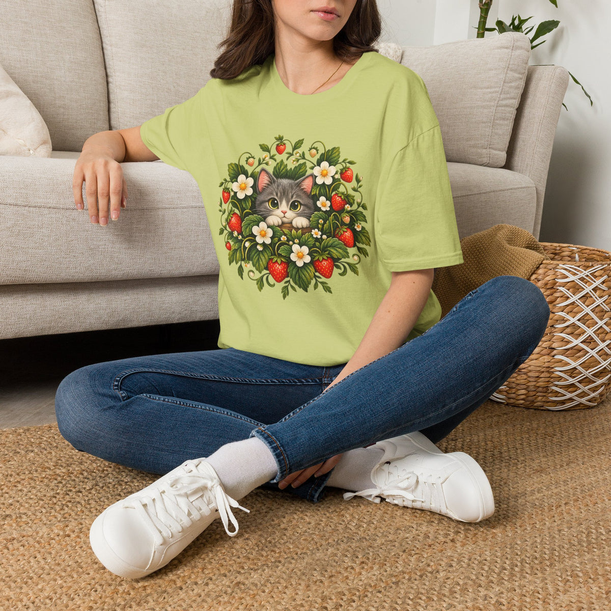 Cat in Strawberry Patch T-Shirt — Cute Floral Kitten Graphic Tee