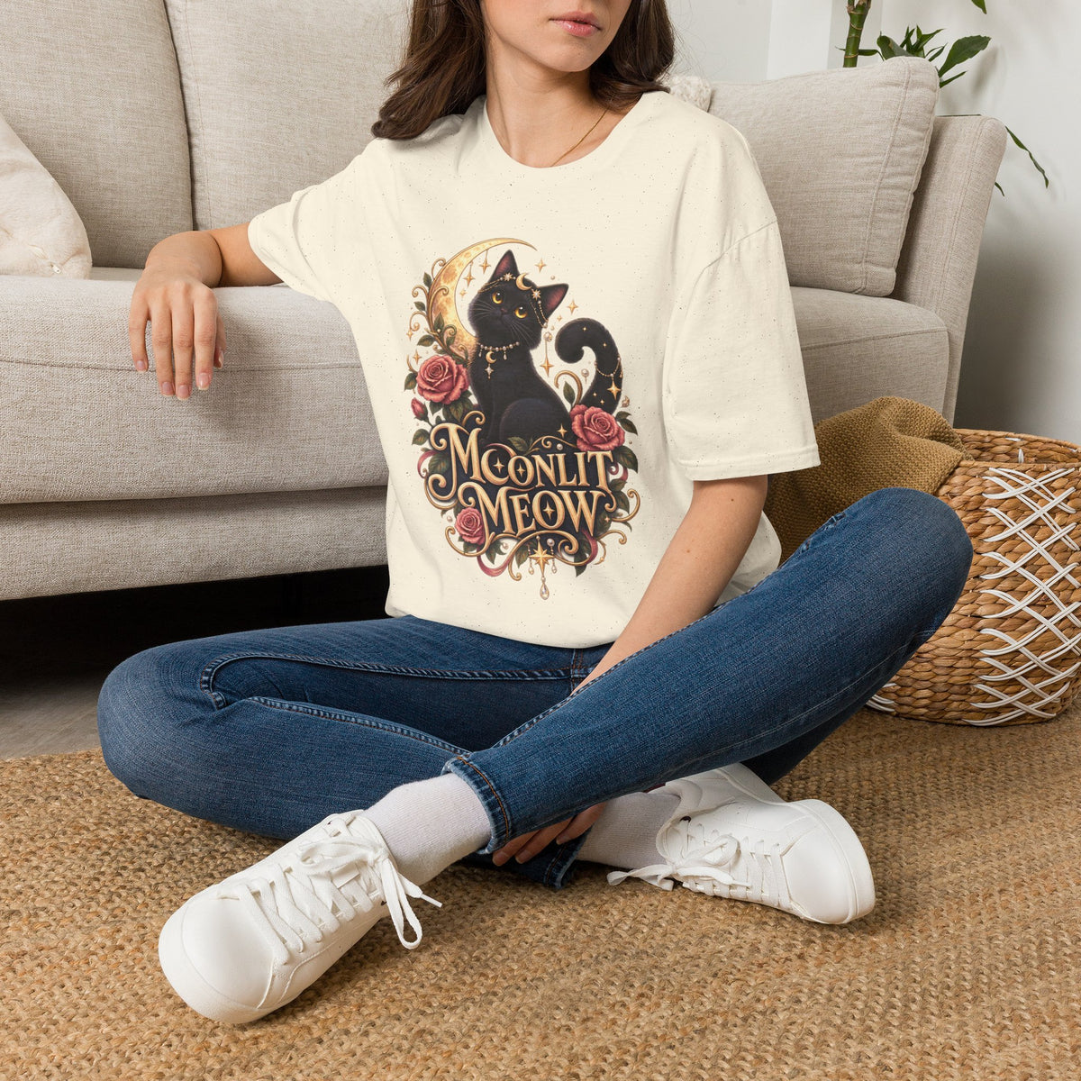 Moonlit Meow T-Shirt — Black Cat with Crescent Moon & Roses