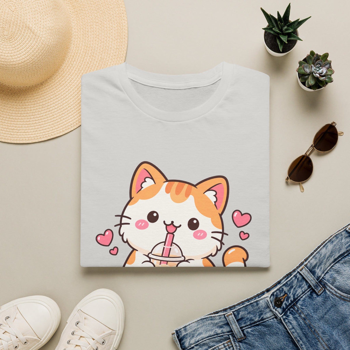 Boba Cat Cute Kawaii Bubble Tea Graphic Tee