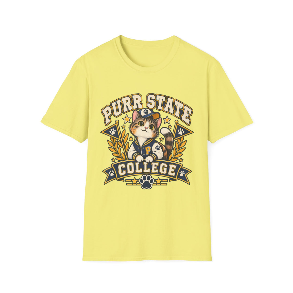 Purr State College T-Shirt — Cute Cat Mascot Graphic Tee