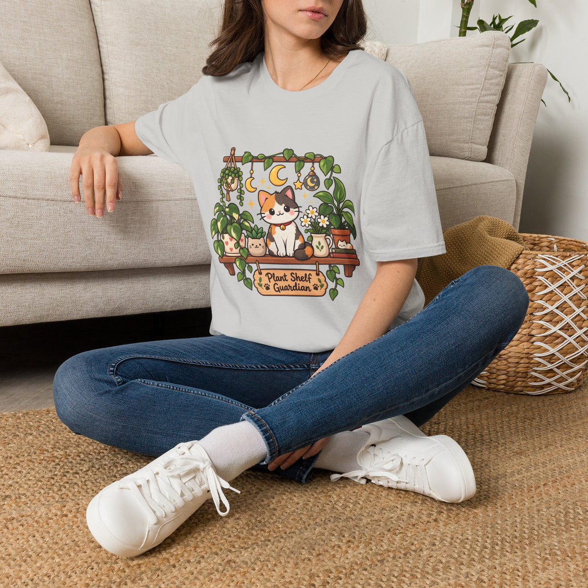 Plant Mom Cat T-Shirt — Calico Cat Among Houseplants with 'Plant Stuff + Gratitude' Design