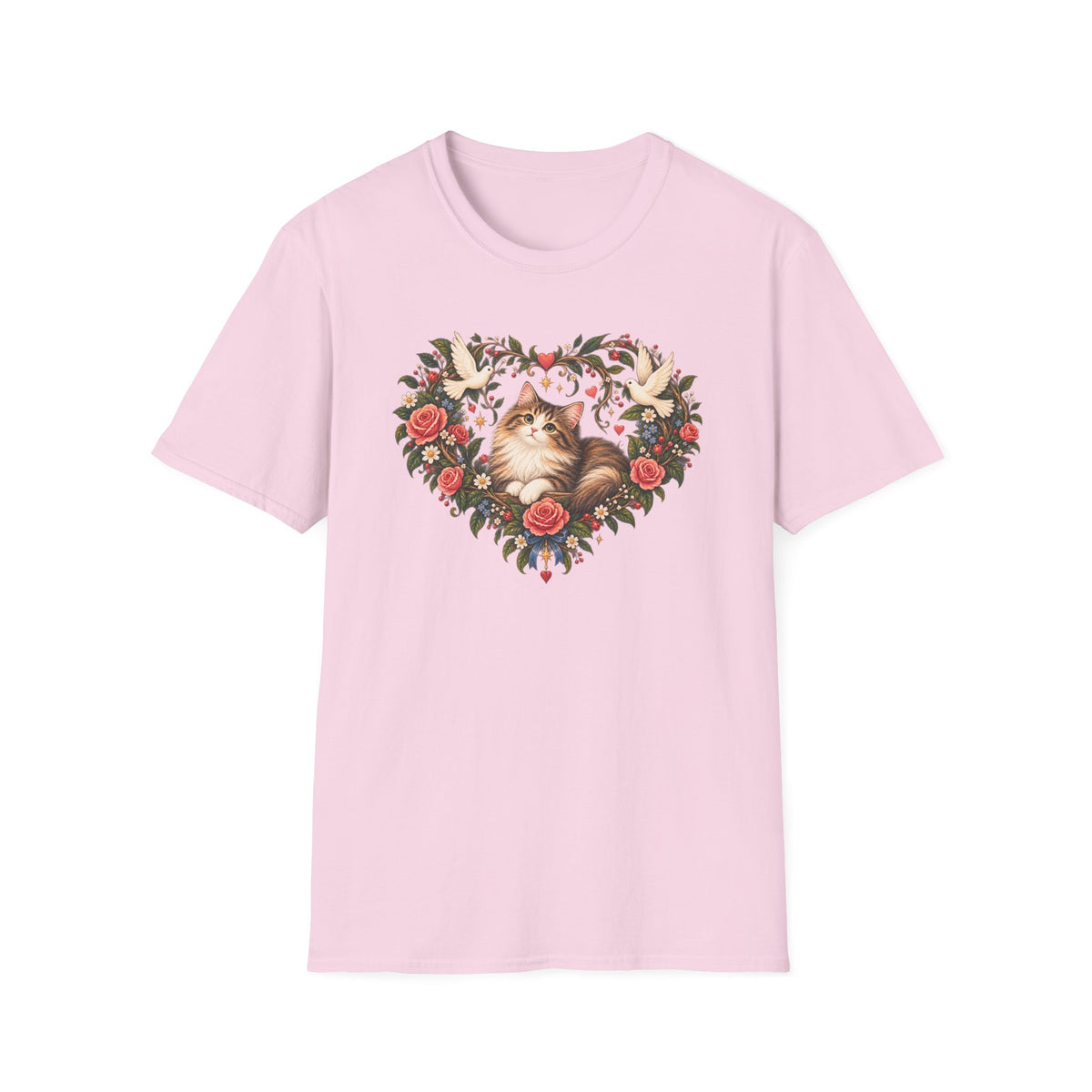 Cat Heart Floral T-Shirt — Vintage Rose & Dove Kitty Tee
