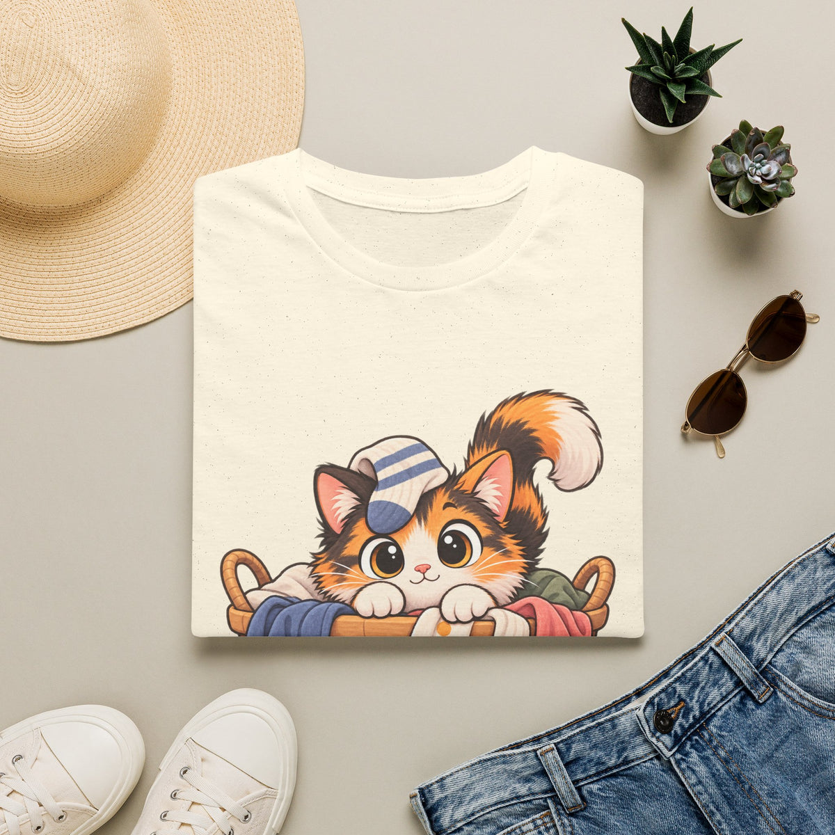 Cute Calico Cat in Laundry Basket T-Shirt