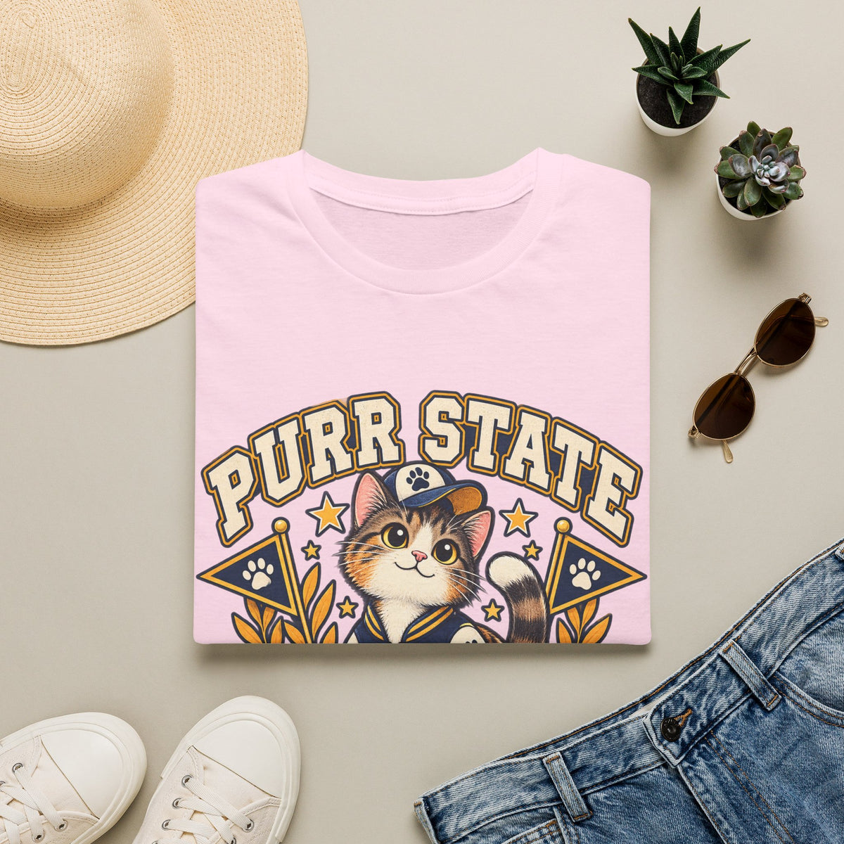 Purr State College T-Shirt — Cute Cat Mascot Graphic Tee