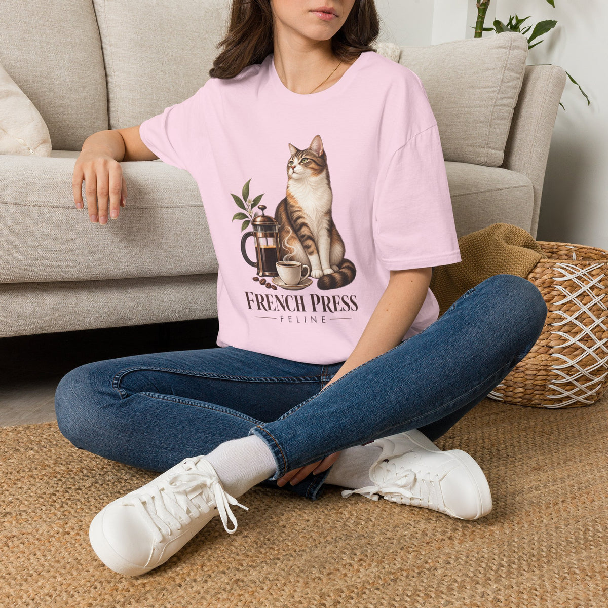 Cat & French Press T-Shirt — Cozy Coffee Lover Cat Tee