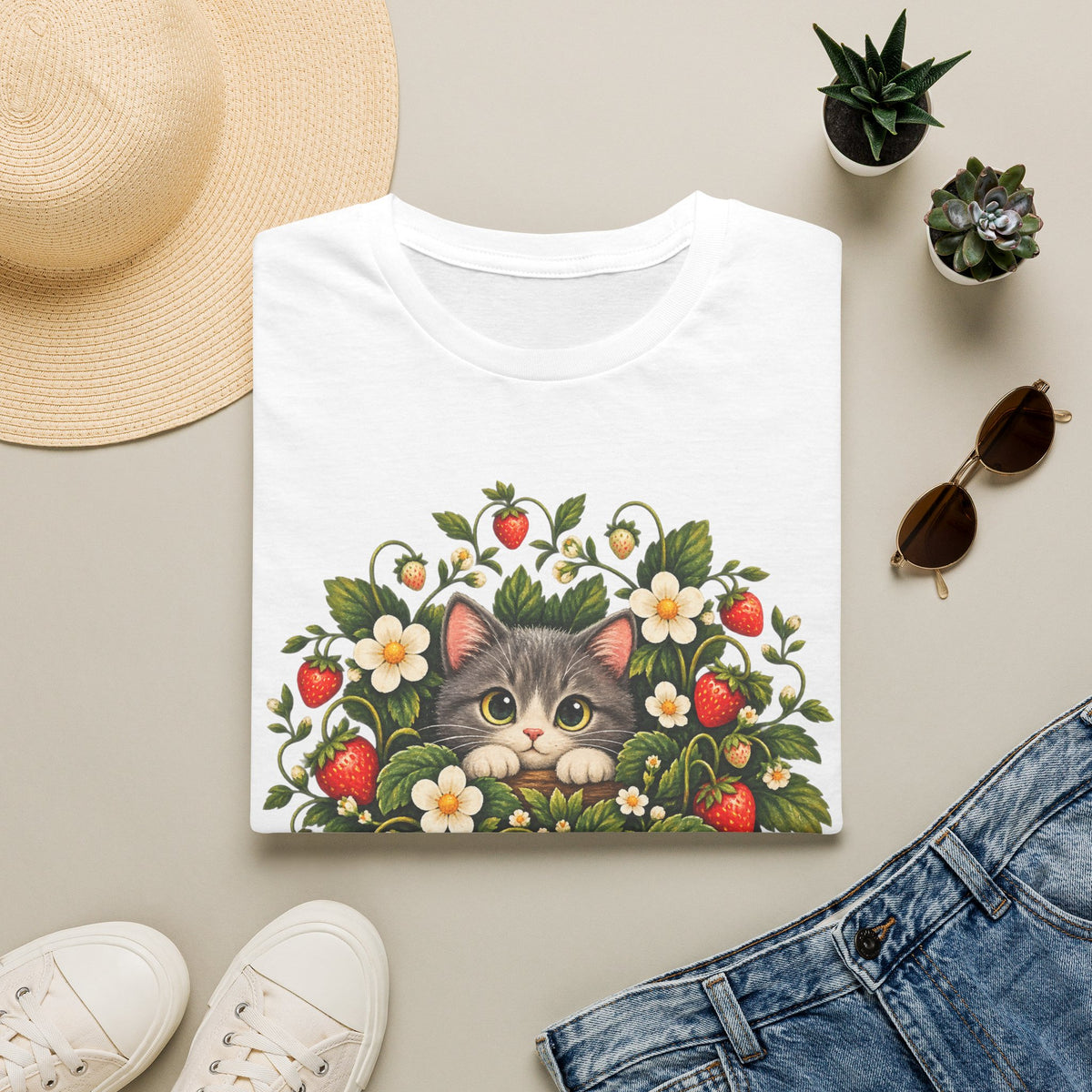 Cat in Strawberry Patch T-Shirt — Cute Floral Kitten Graphic Tee