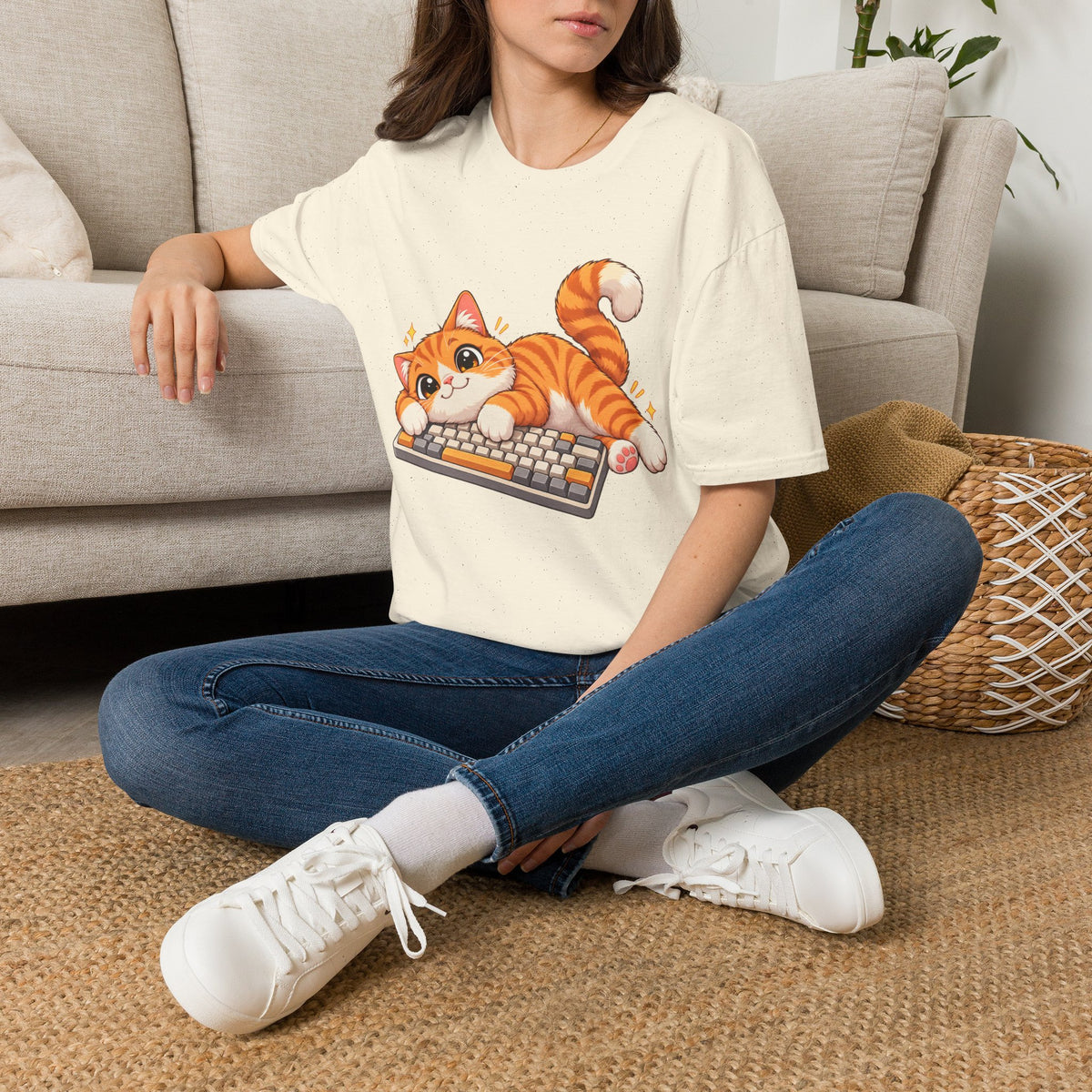 Cute Orange Kitty Playing on Keyboard T-Shirt