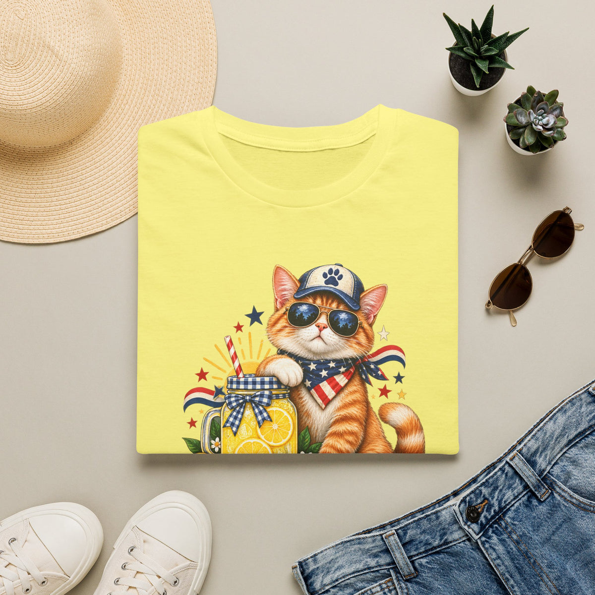 Patriotic Cat Lemonade Stand T-Shirt — "Lemonade Stand Security" Cute 4th of July Tee