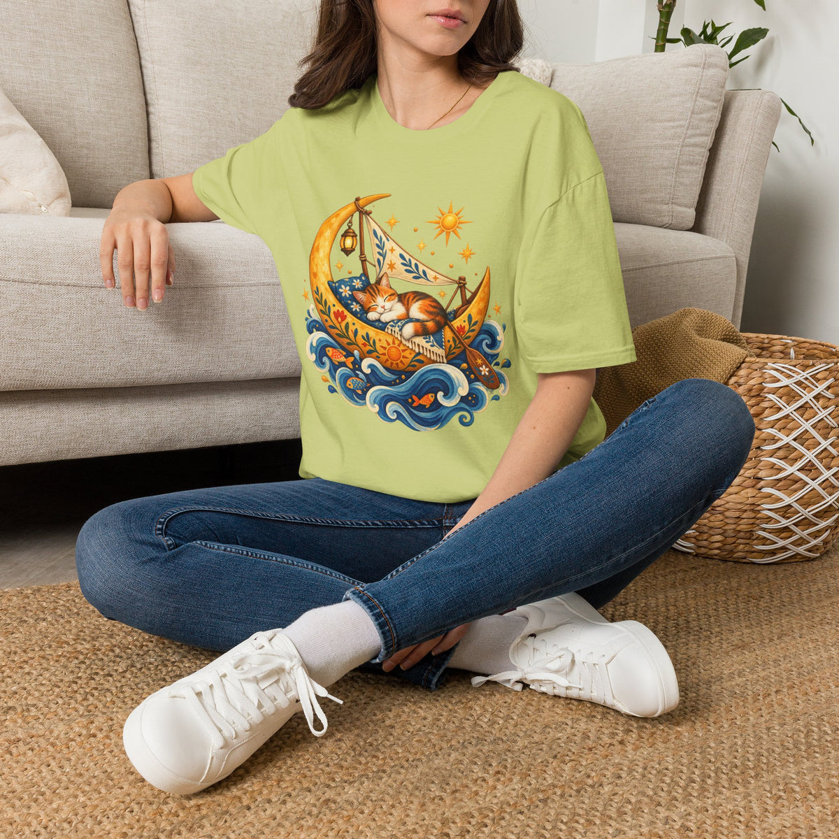 Cat on Crescent Moon T-Shirt — Whimsical Sleepy Cat Boho Tee