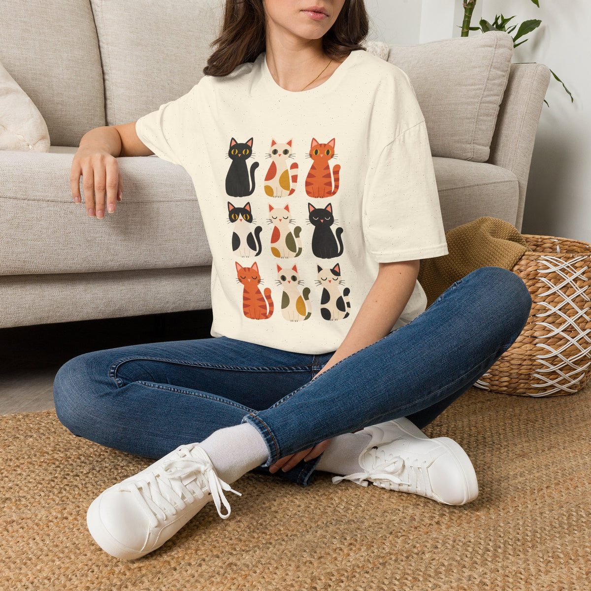 Cat Pattern T‑Shirt — Cute Row of Cartoon Cats Graphic Tee