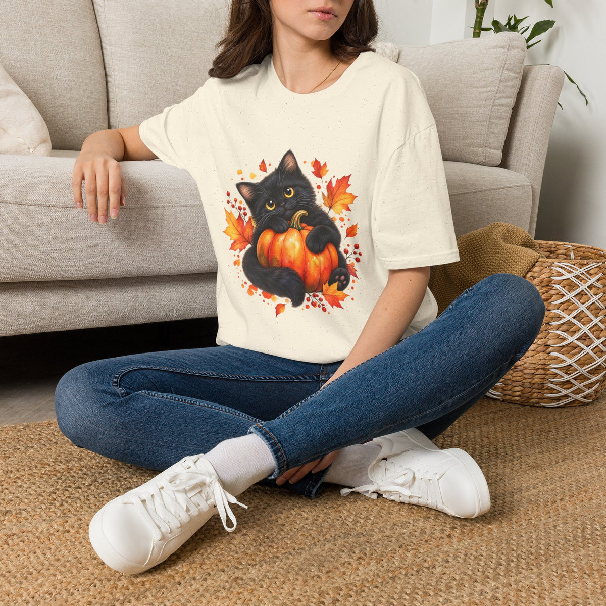 Black Cat Pumpkin T-Shirt — Cute Fall Halloween Tee with Autumn Leaves