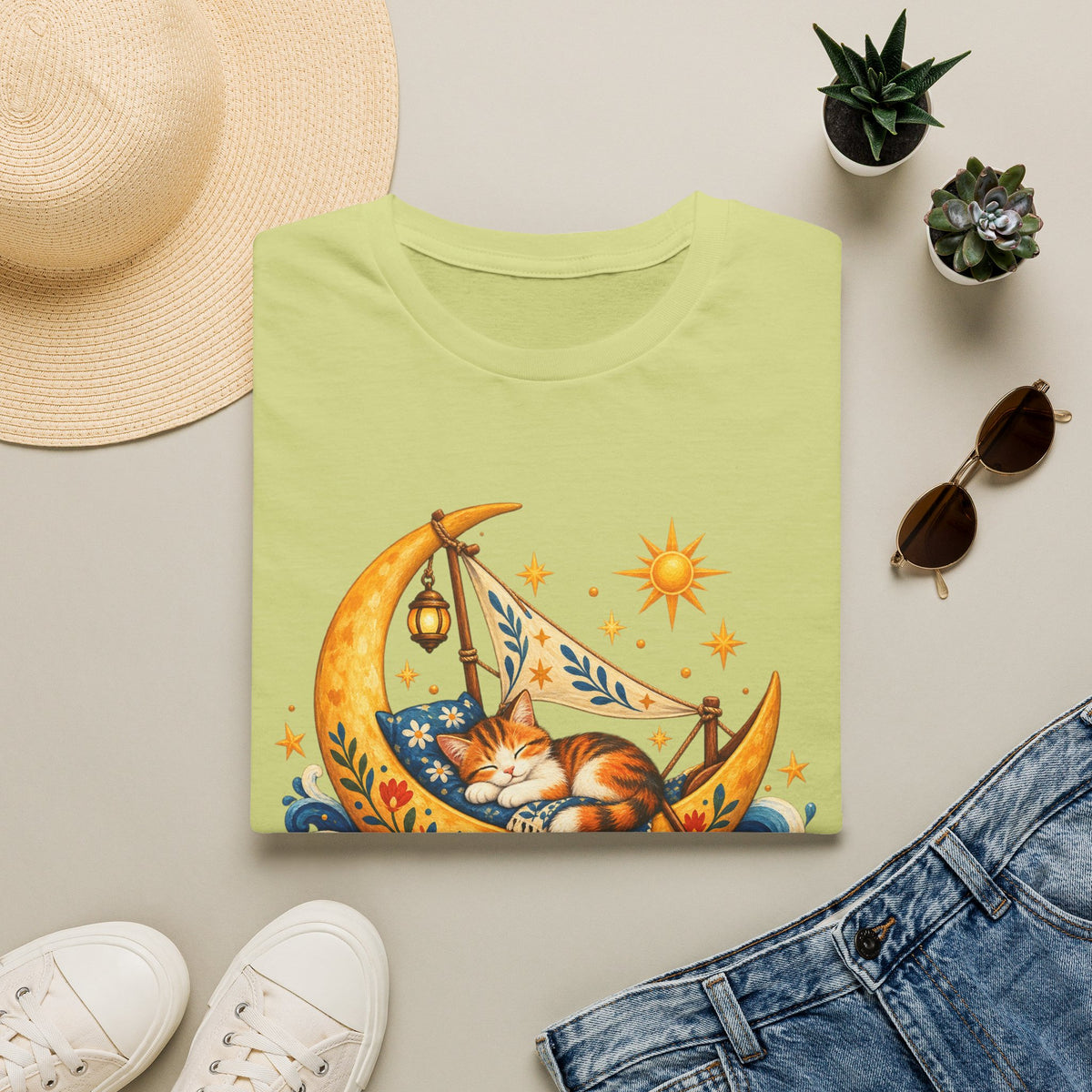 Cat on Crescent Moon T-Shirt — Whimsical Sleepy Cat Boho Tee