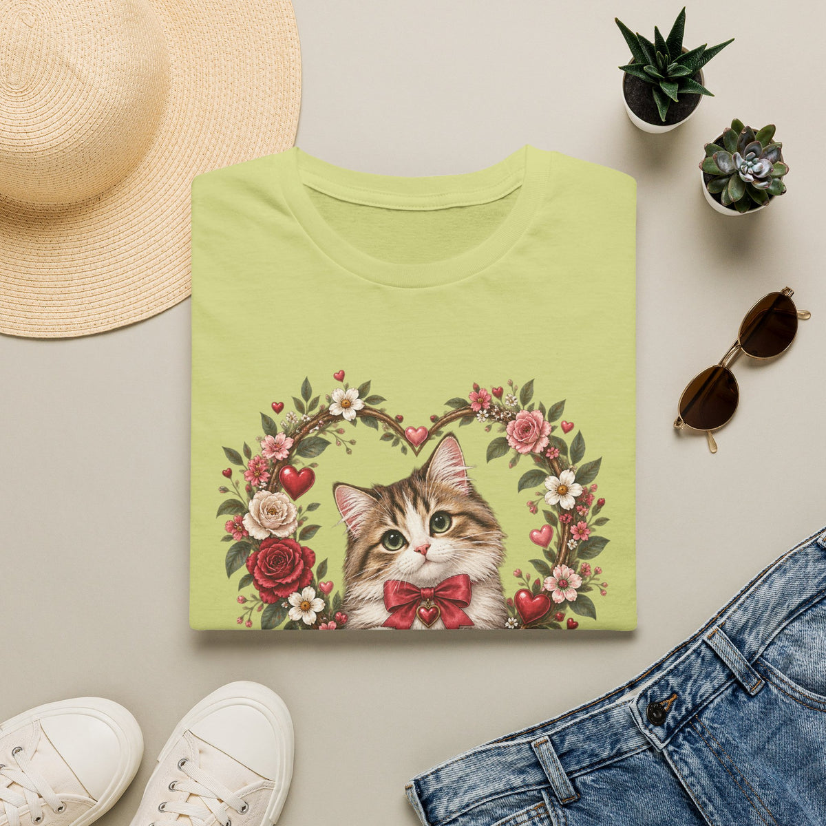 Valentine Cat T-Shirt – 'Valentine Whiskers' Floral Heart Kitten Tee