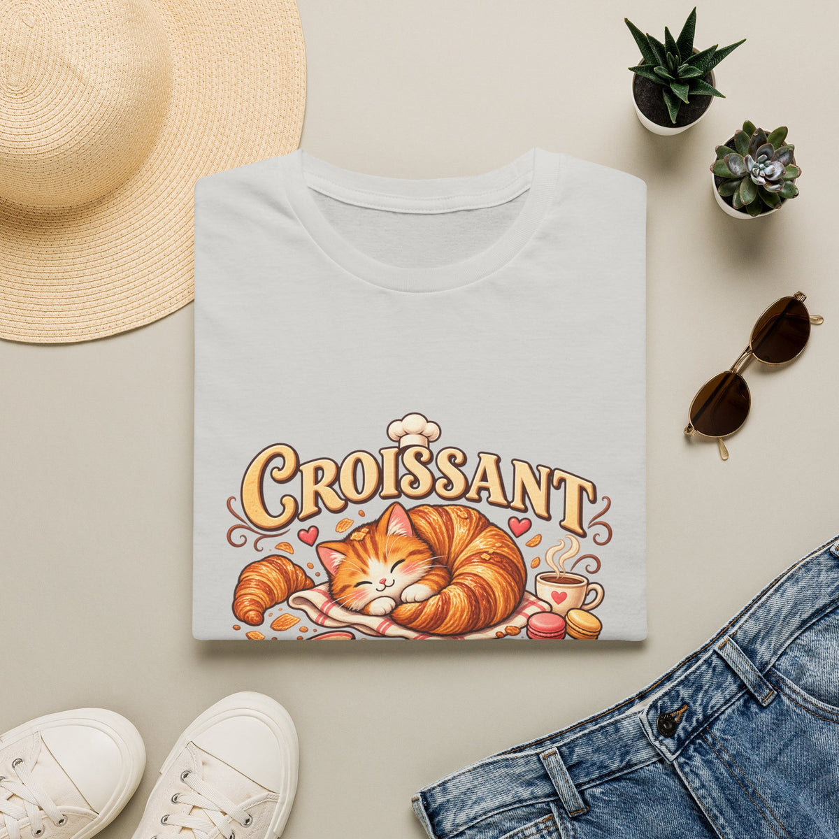 Croissant Cat T-Shirt — Cute Sleeping Cat ‘Croissant Cat Club’ Graphic Tee