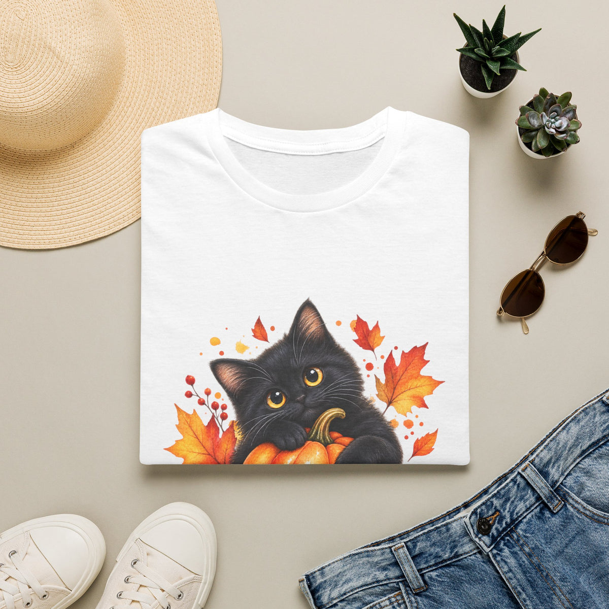 Black Cat Pumpkin T-Shirt — Cute Fall Halloween Tee with Autumn Leaves