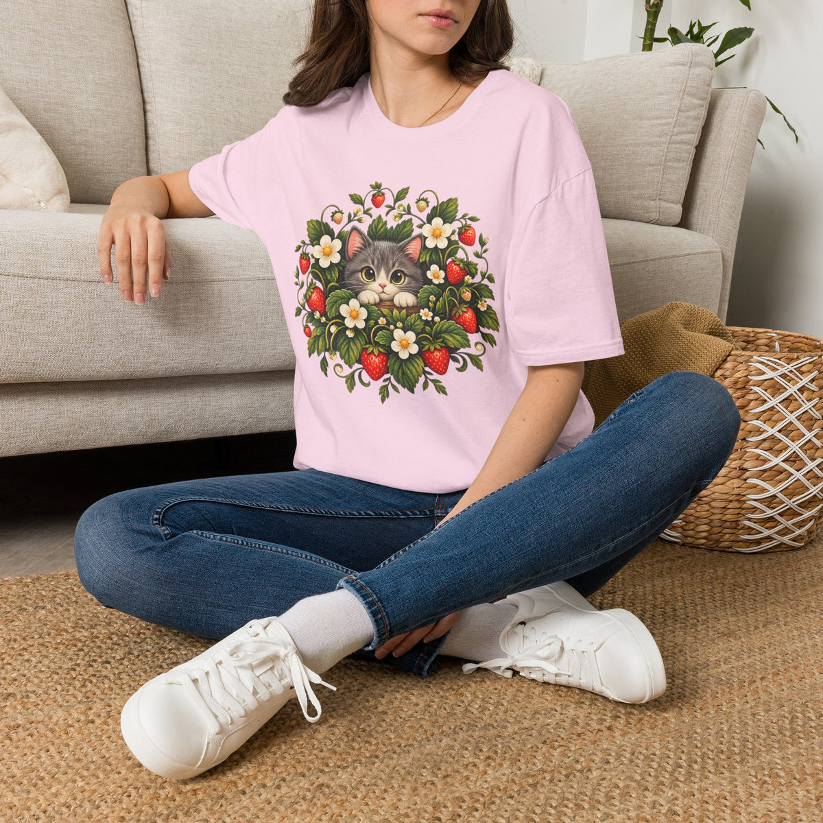 Cat in Strawberry Patch T-Shirt — Cute Floral Kitten Graphic Tee