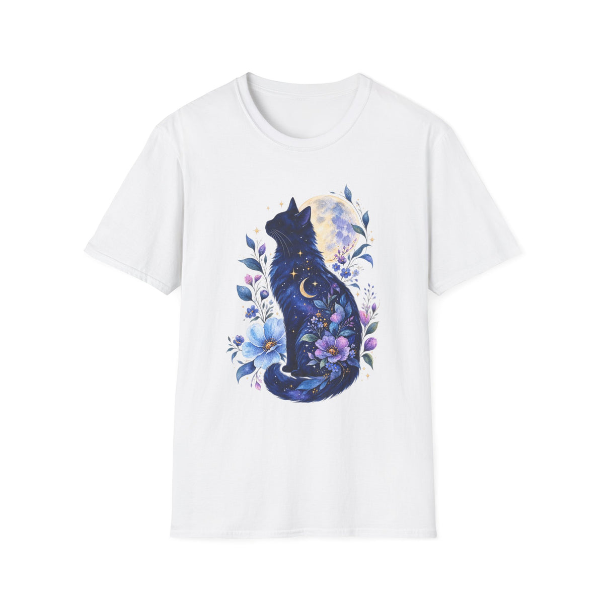 Moonlit Cat T-Shirt — Night Sky Floral Cat Silhouette Tee